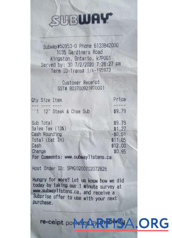 Realistic Canada Subway company payment receipt real example
